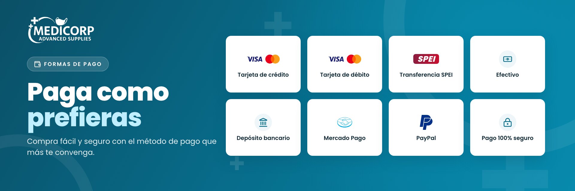 Formas de pago: tarjeta de crédito y débito, SPEI, efectivo, depósito bancario, Mercado Pago y PayPal